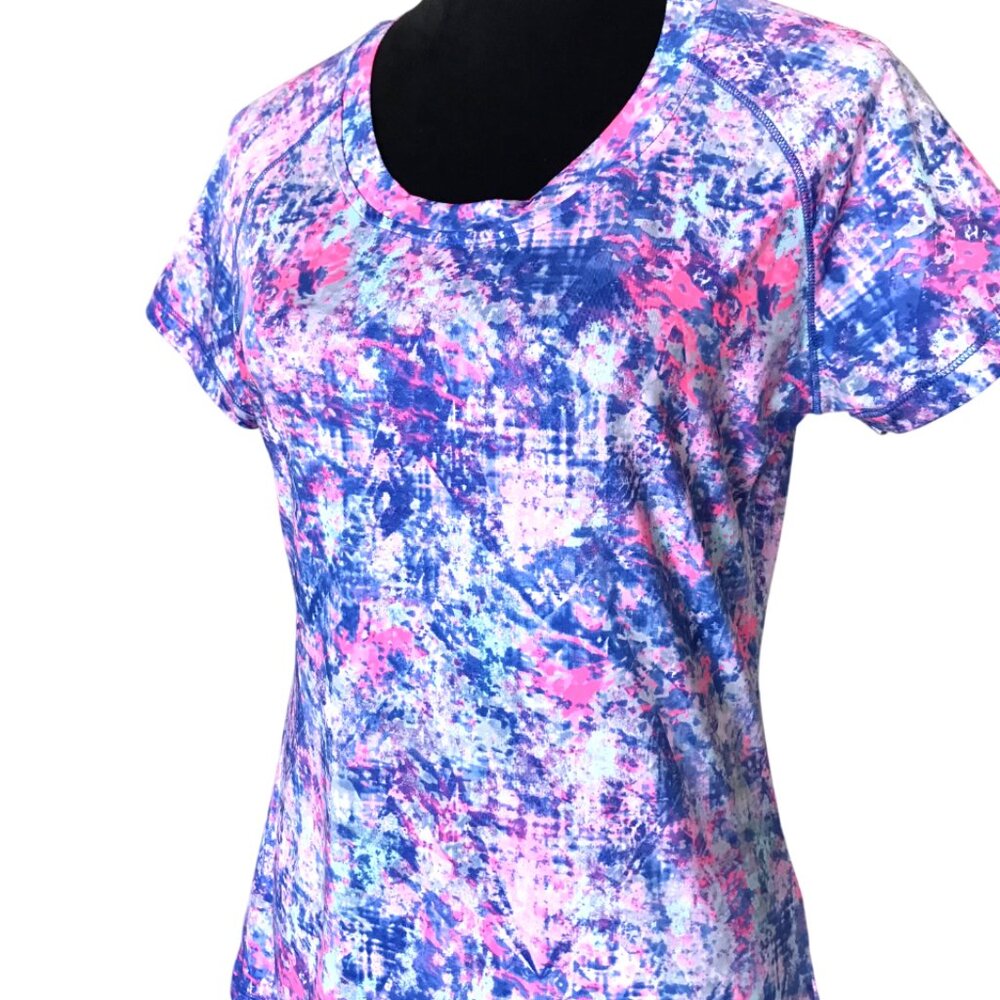 RBX Performance Short-Sleeved Athletic Top, Summery Blue Pink Print, Size M - Picture 9 of 10